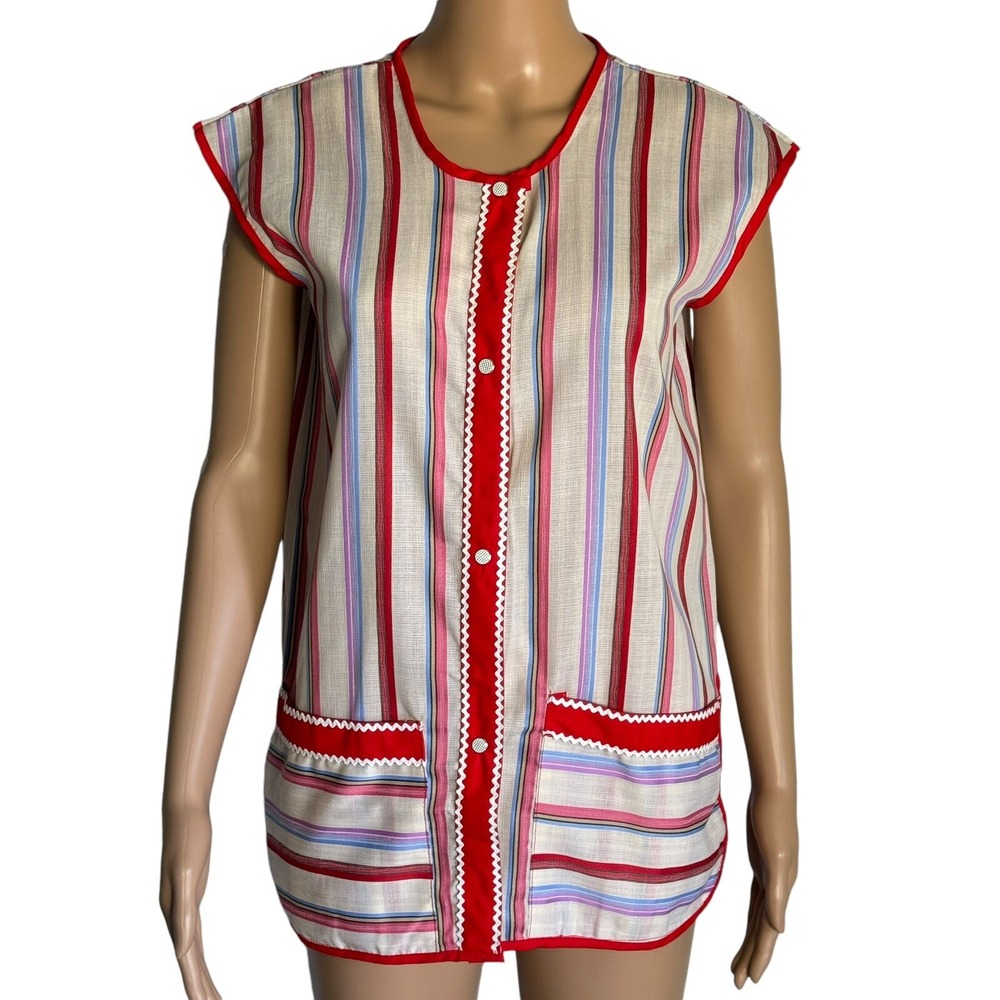 VTG 70s Apron Smock Vest Top Small Pockets Snap Hippie Rainbow Candy Cane Stripe